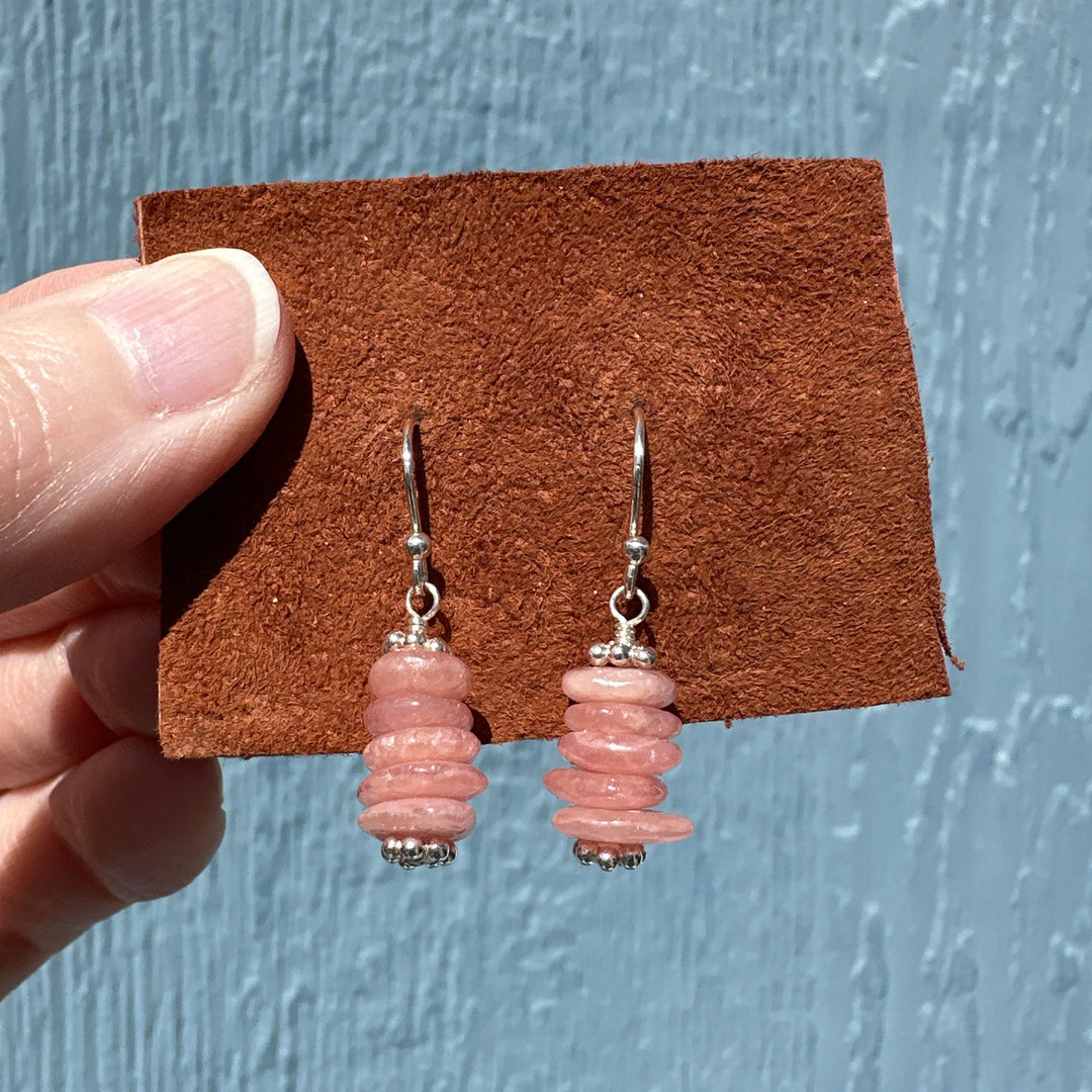 Gemmy Pink Rhodochrosite Earrings - Solid Sterling Silver - Watermelon Pink - Cairn Stack - SunlightSilver