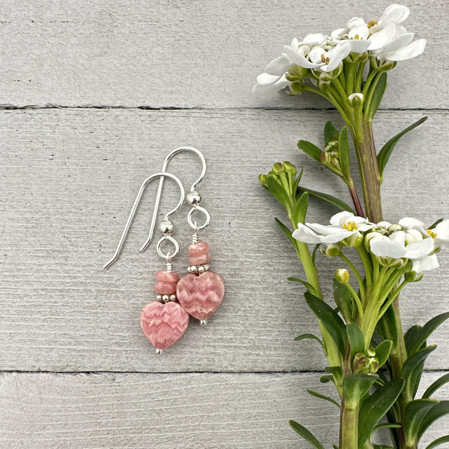 Pink Rhodochrosite Heart Earrings with Solid Sterling Silver - SunlightSilver