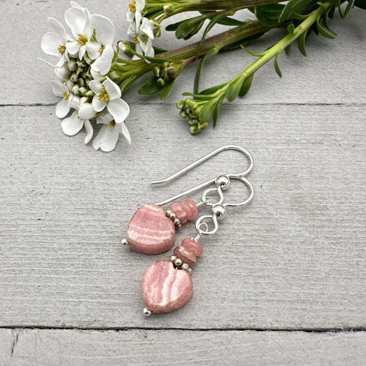 Pink Rhodochrosite Heart Earrings with Solid Sterling Silver - SunlightSilver