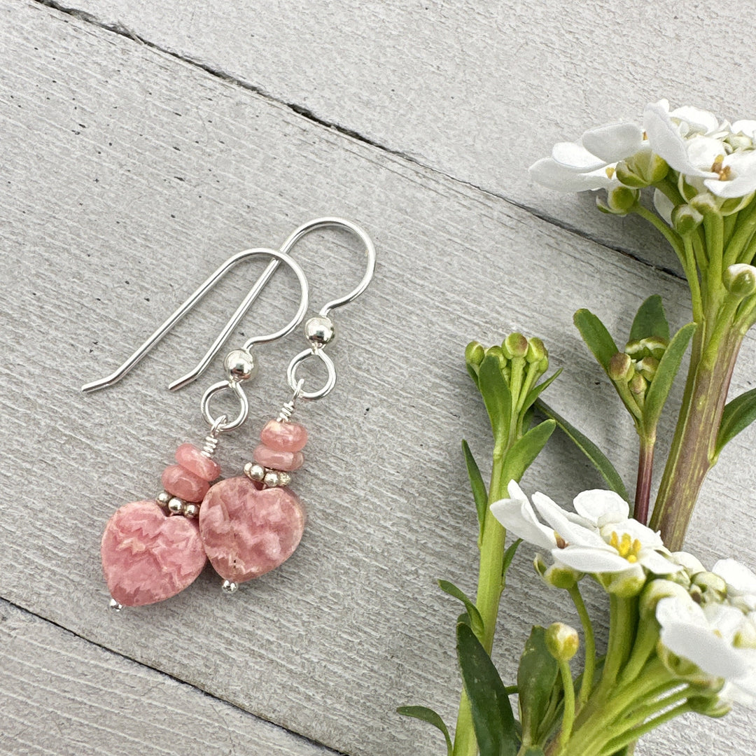 Pink Rhodochrosite Heart Earrings with Solid Sterling Silver - SunlightSilver