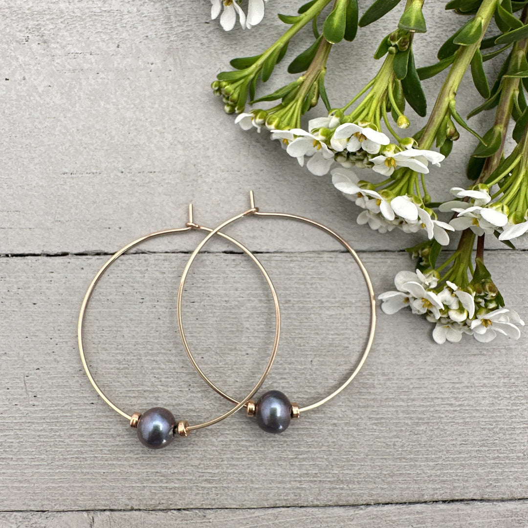 Freshwater Peacock Pearl and 14K Rose Gold Fill Hoop Earrings - SunlightSilver