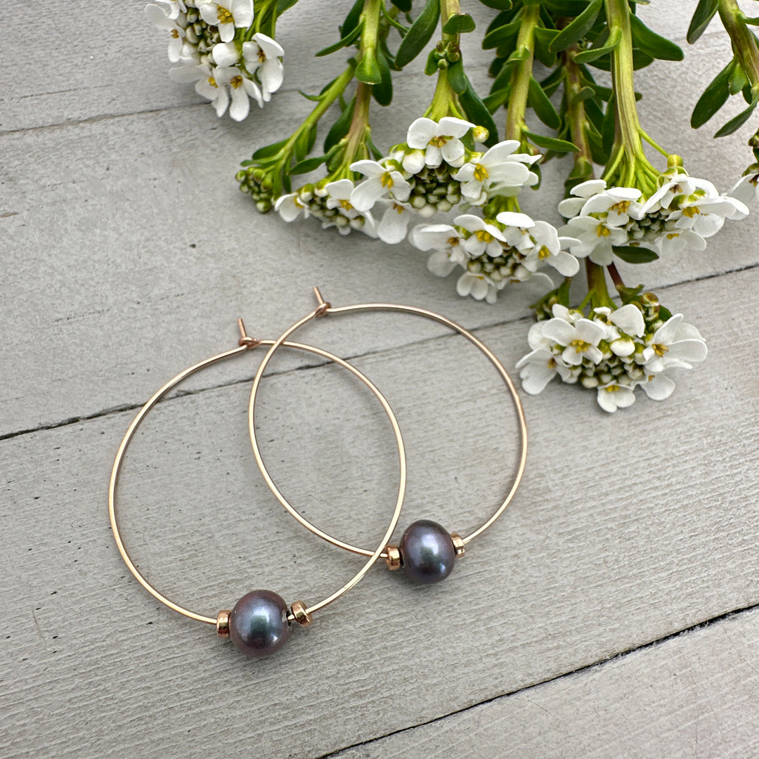 Freshwater Peacock Pearl and 14K Rose Gold Fill Hoop Earrings - SunlightSilver