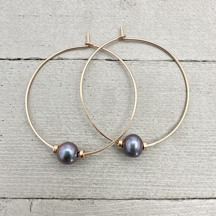 Freshwater Peacock Pearl and 14K Rose Gold Fill Hoop Earrings - SunlightSilver