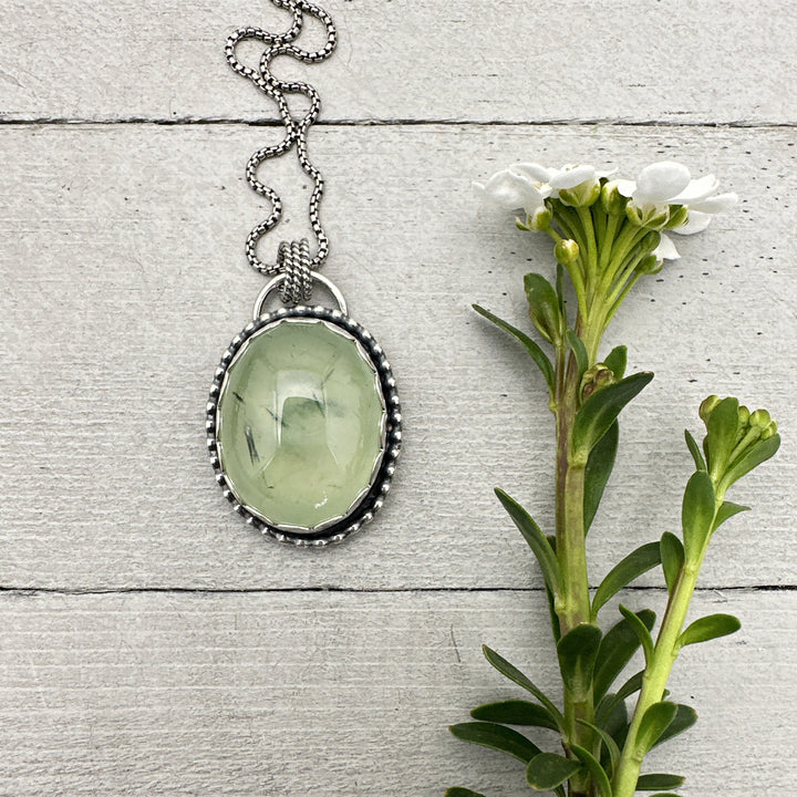 Dendritic Green Prehnite and Sterling Silver Necklace - SunlightSilver