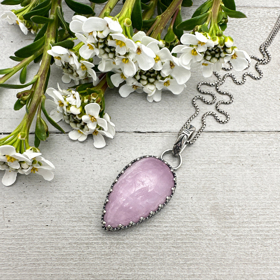 Kunzite and Solid 925 Sterling Silver Pendant Necklace - SunlightSilver
