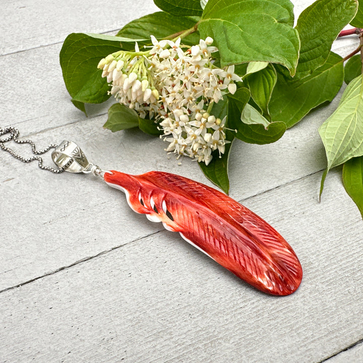 Large Carved Red Spiny Oyster Feather and Sterling Silver Pendant - SunlightSilver
