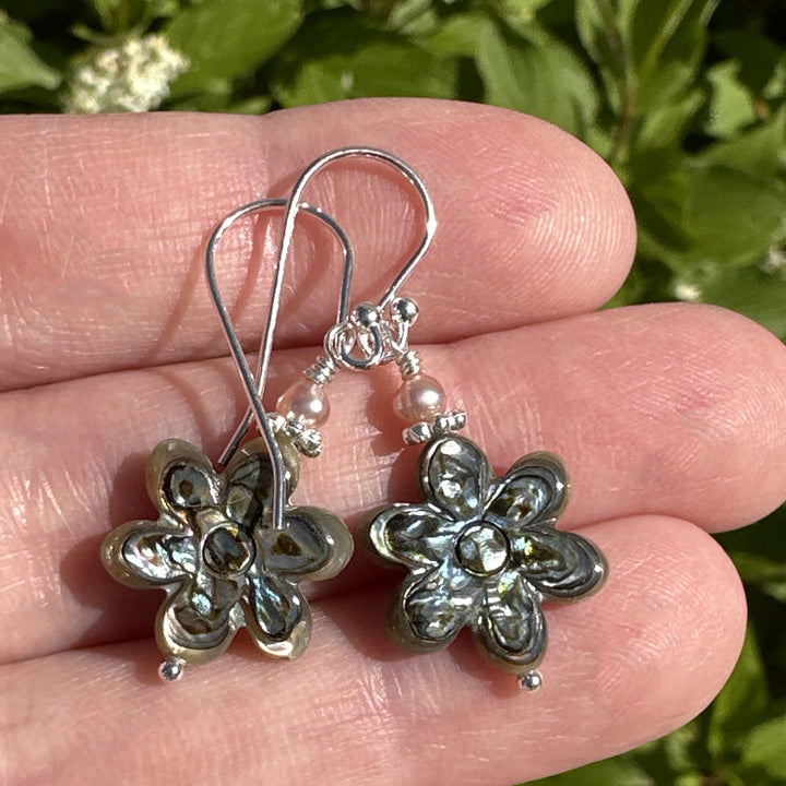 Paua Abalone Shell Flower Earrings. Solid 925 Sterling Silver and Mother of Pearl - SunlightSilver