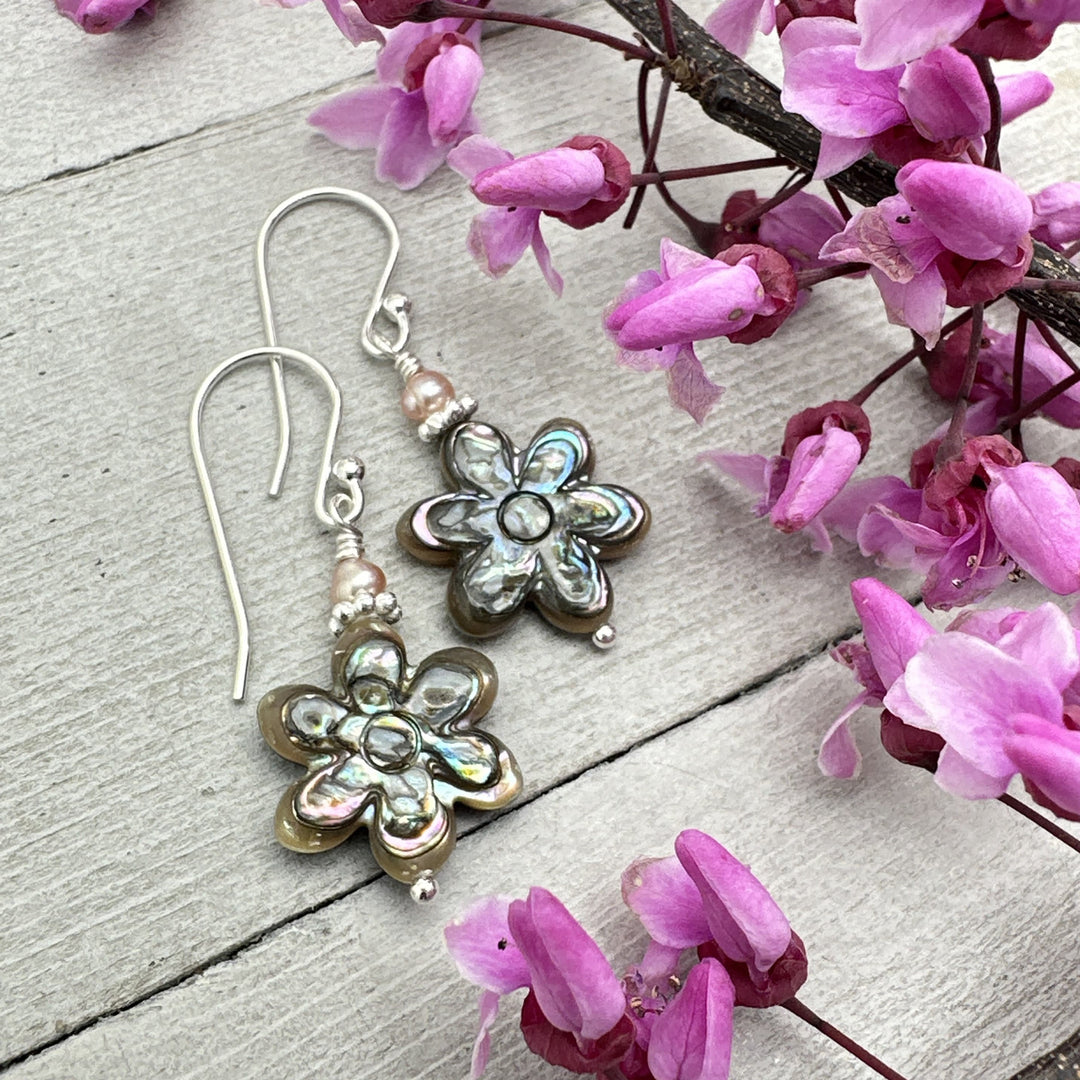 Paua Abalone Flower Earrings • Solid 925 Sterling Silver • New Zealand Abalone Shell • Handmade Mother of Pearl Jewelry • LAST ONES! - SunlightSilver