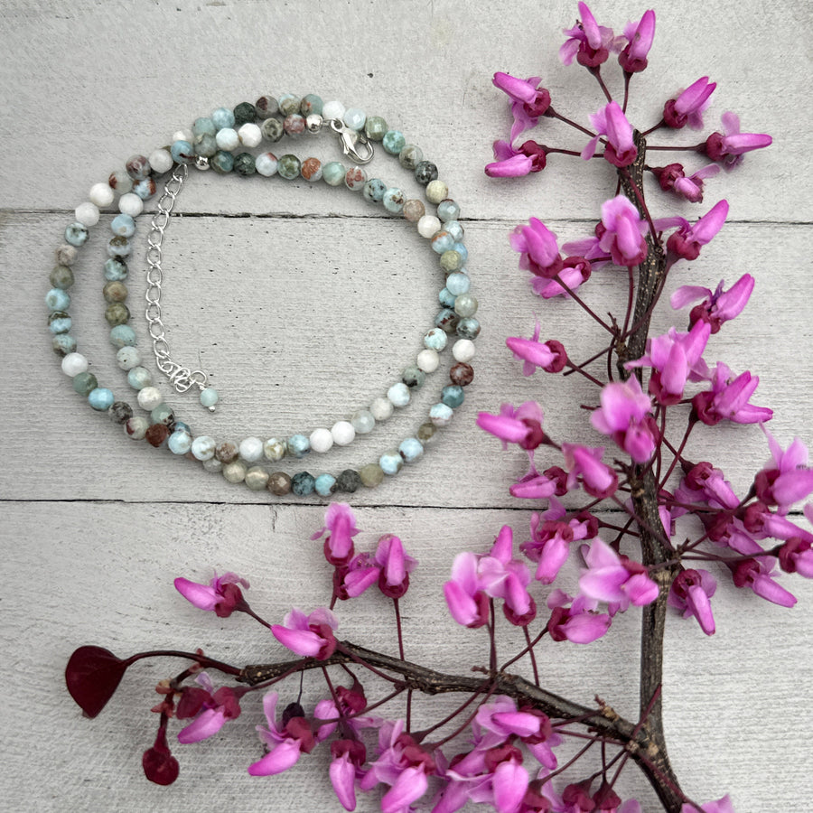 4mm Multicolor Faceted Beaded Larimar and Sterling Silver Silver Necklace - SunlightSilver