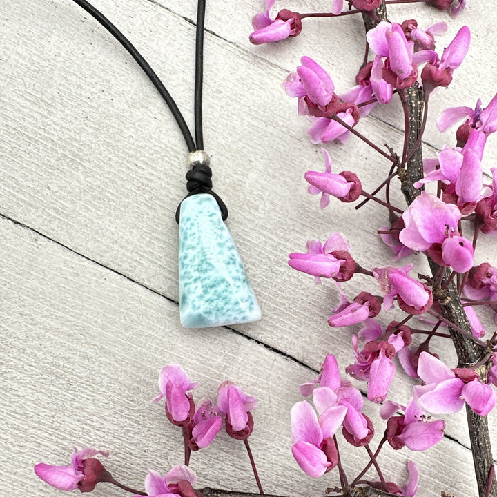 Larimar Crystal and Black Leather Necklace - SunlightSilver