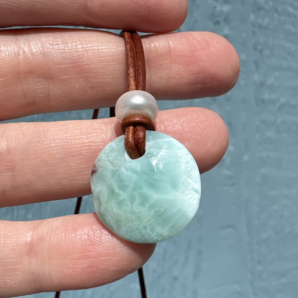 Larimar and Rustic Brown Leather Necklace - SunlightSilver