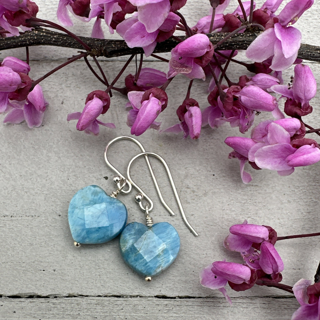 Faceted Apatite Heart and Sterling Silver Earrings - SunlightSilver