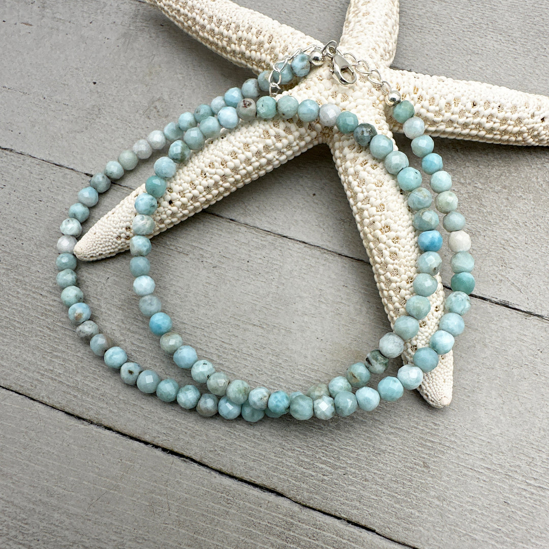 4mm Faceted Beaded Larimar and Sterling Silver Silver Necklace - SunlightSilver