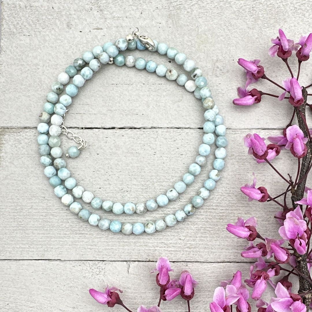 4mm Faceted Beaded Larimar and Sterling Silver Silver Necklace - SunlightSilver