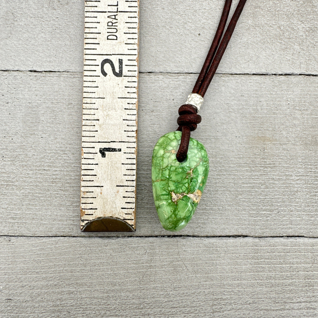 Green Turquoise Mountain Nugget, Sterling Silver, and Leather Necklace DISCOUNTED - SunlightSilver