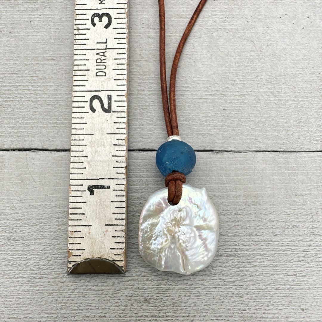 Freshwater Pearl Adjustable Leather Necklace with Sterling Silver and African Recycled Blue Glass - SunlightSilver