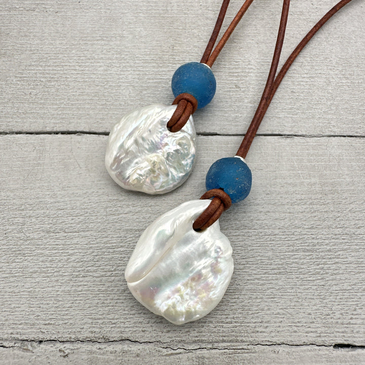 Freshwater Pearl Adjustable Leather Necklace with Sterling Silver and African Recycled Blue Glass - SunlightSilver