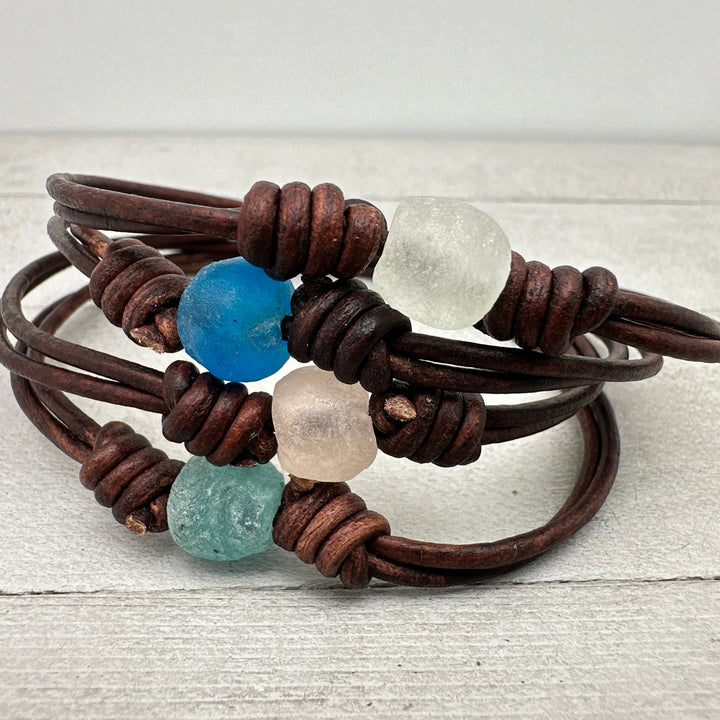 African Recycled Glass and Antiqued Rustic Leather Anklet / Bracelet. Adjustable, Your choice of color - SunlightSilver