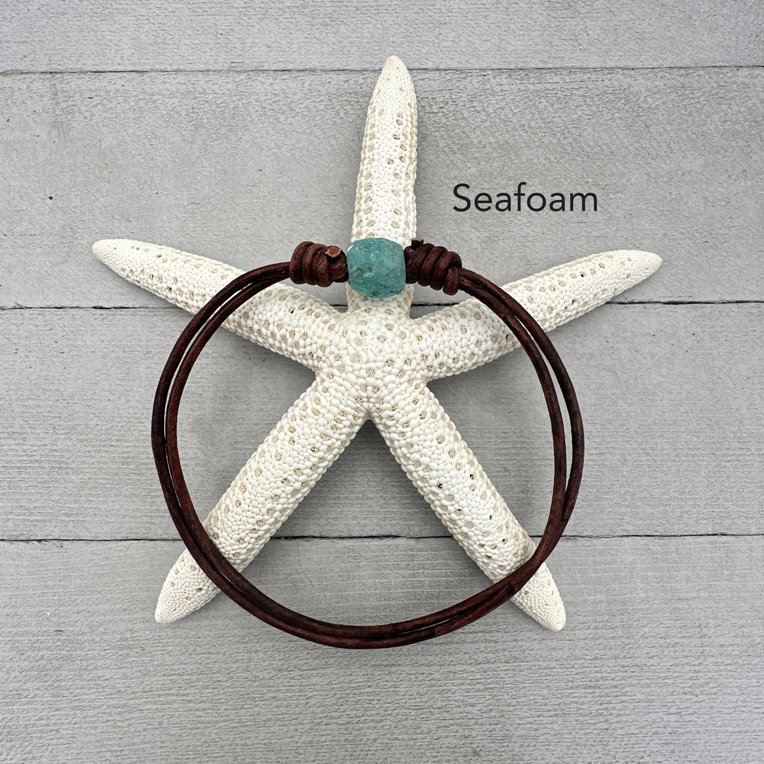 African Recycled Glass and Antiqued Rustic Leather Anklet / Bracelet - SunlightSilver