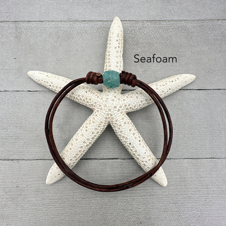 African Recycled Glass and Antiqued Rustic Leather Anklet / Bracelet - SunlightSilver