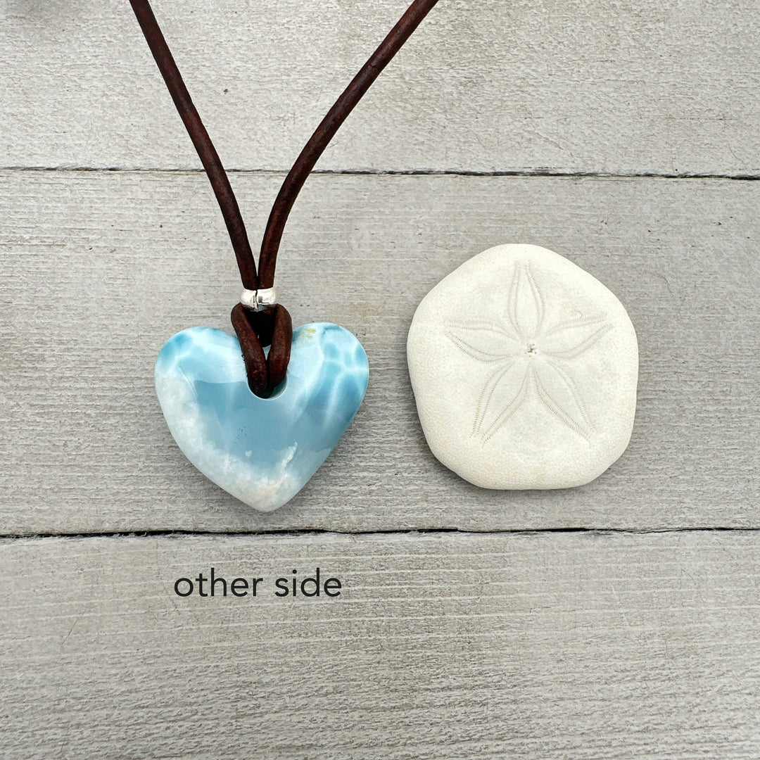 Larimar Heart Crystal and Rustic Brown Leather Necklace - SunlightSilver