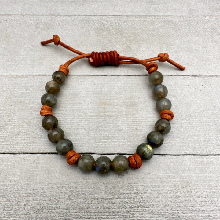 Labradorite Gemstone and Rustic Brown Leather Stacking Bracelet - SunlightSilver