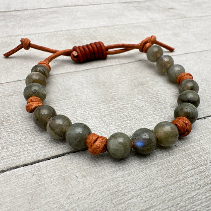 Labradorite Gemstone and Rustic Brown Leather Stacking Bracelet - SunlightSilver