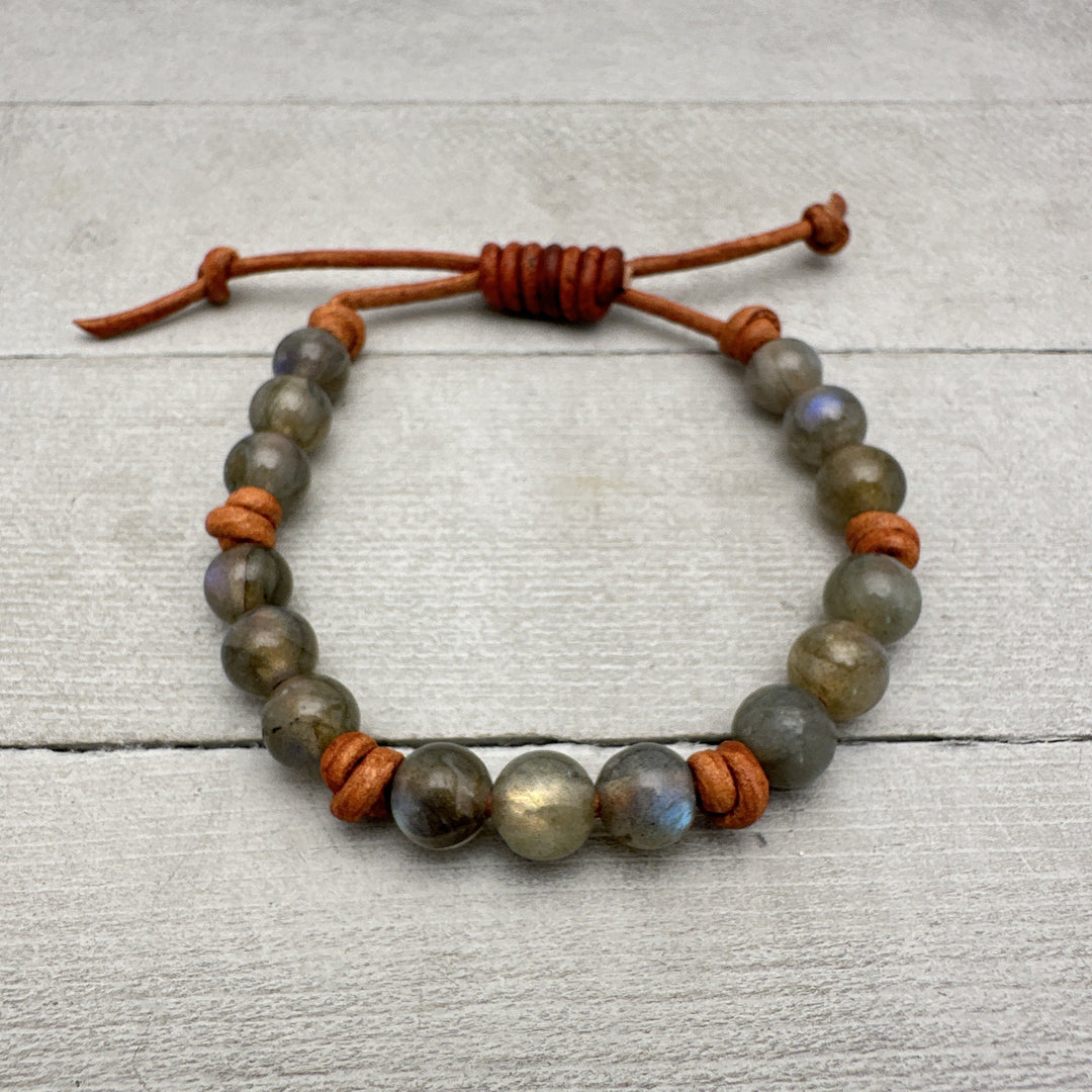 Labradorite Gemstone and Rustic Brown Leather Stacking Bracelet - SunlightSilver