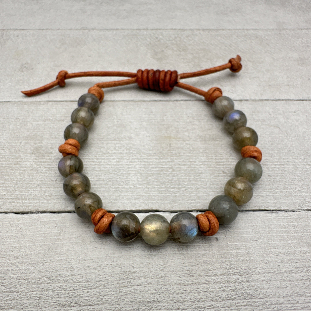 Labradorite Bracelet | Gemstone and Rustic Brown Leather Stacking Layering Jewelry for Him or Her - SunlightSilver
