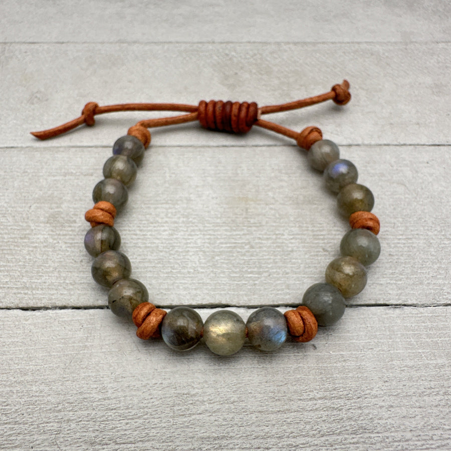 Labradorite Bracelet | Gemstone and Rustic Brown Leather Stacking Layering Jewelry for Him or Her - SunlightSilver