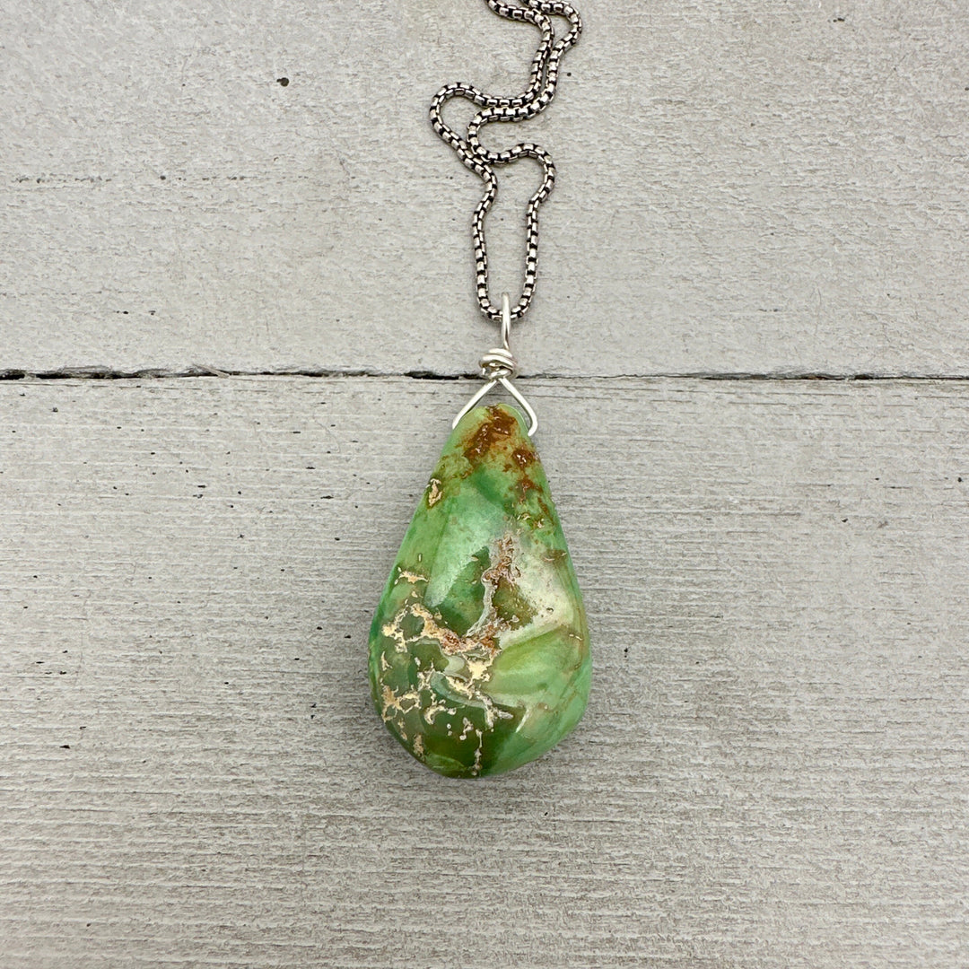 Green Turquoise Mountain Nugget Pendant on a Sterling Silver Chain - SunlightSilver