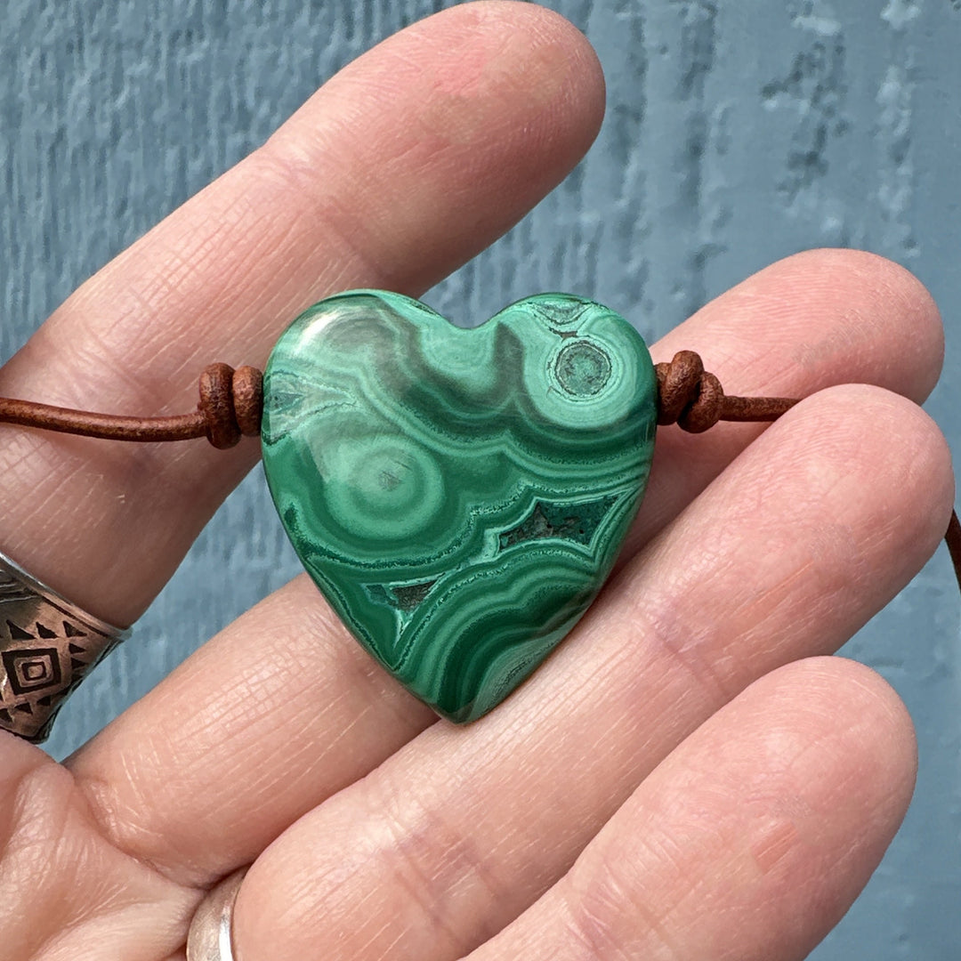 Malachite Heart Crystal and Rustic Brown Leather Necklace - SunlightSilver