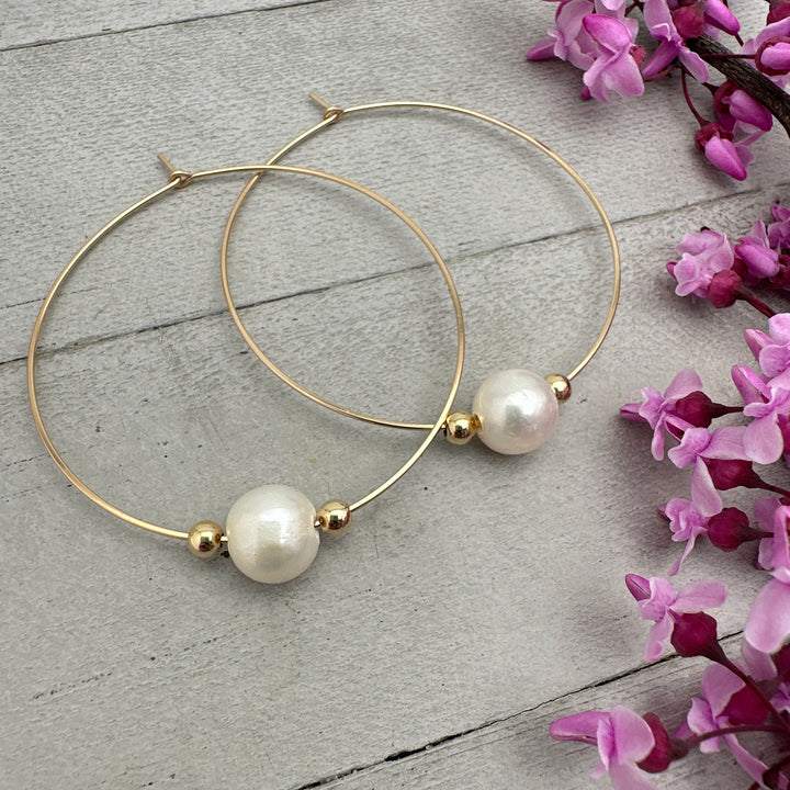 Freshwater Pearl Earrings - 14k Yellow Gold Large Hoops - Wedding Statement Lightweight Jewelry - SunlightSilver
