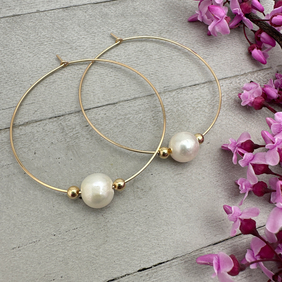 Freshwater Pearl Earrings - 14k Yellow Gold Large Hoops - Wedding Statement Lightweight Jewelry - SunlightSilver