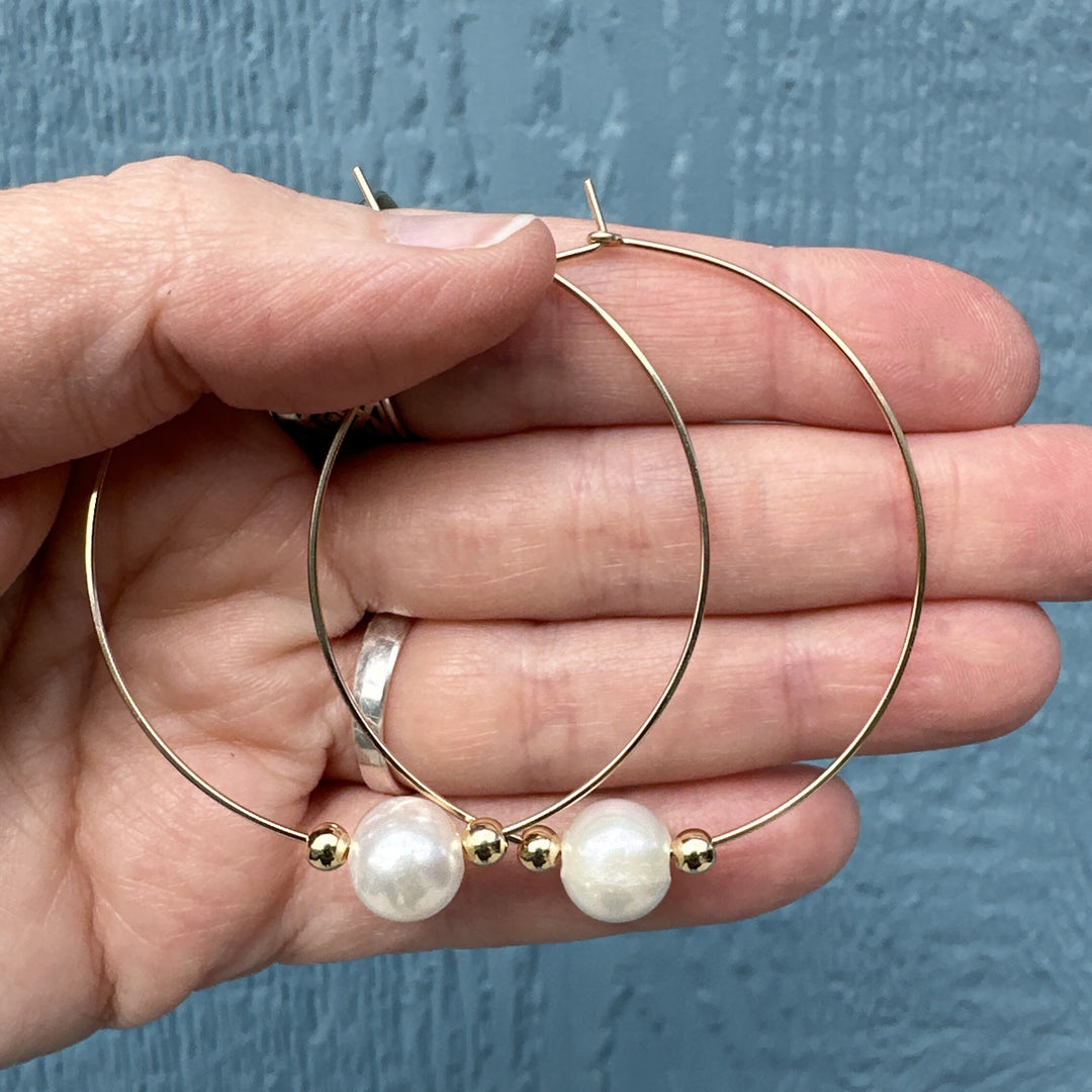 Freshwater Pearl and 14k Yellow Gold Fill Large Hoop Earrings - SunlightSilver