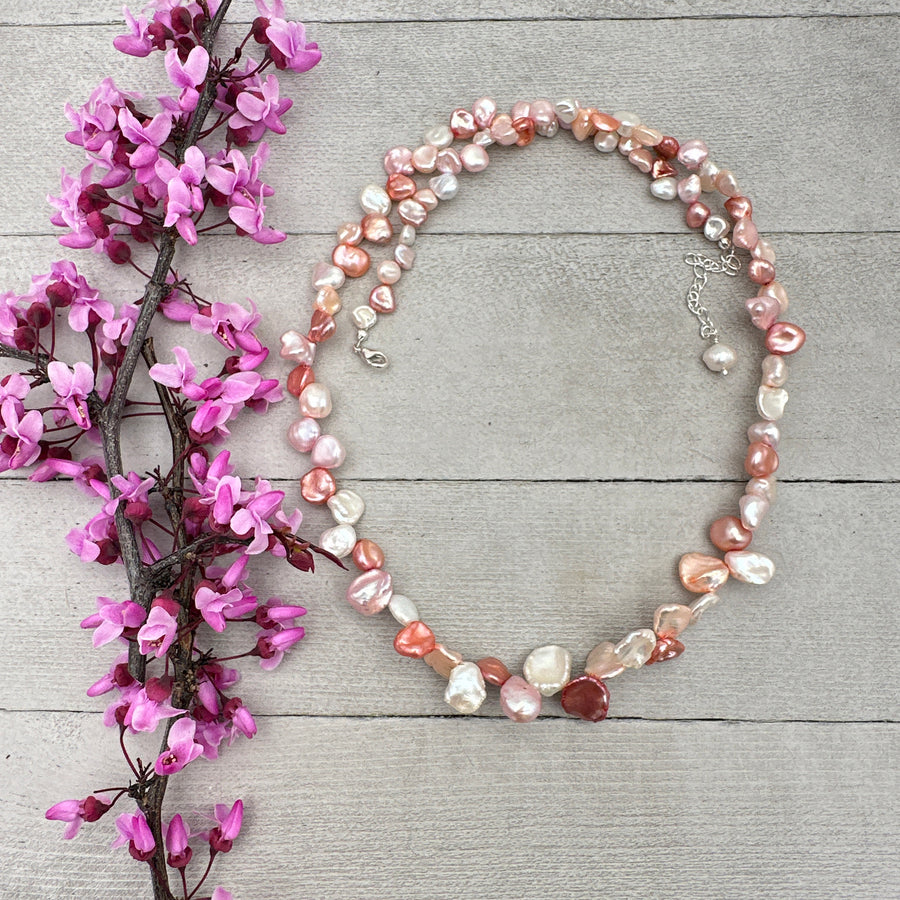 Pink Keshi Pearl and Sterling Silver Necklace. Cornflake Pearls - SunlightSilver