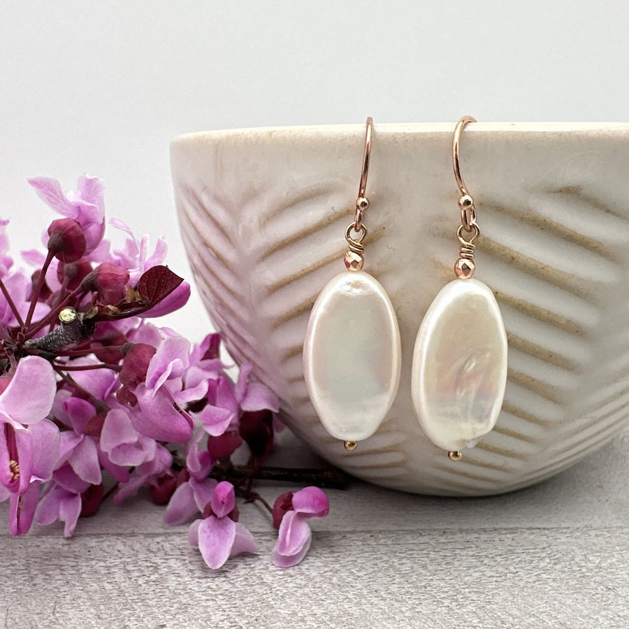 Gorgeous Champagne Pearl and 14k Rose Gold Fill Earrings. Thick, Lustrous Nacre - SunlightSilver