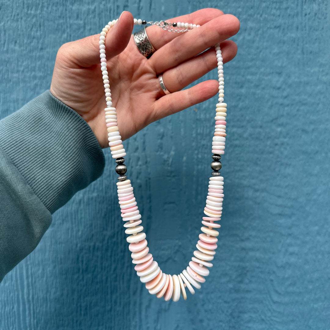 Huge Pink Queen Conch Shell, Navajo Pearl and Solid 925 Sterling Silver Necklace - SunlightSilver