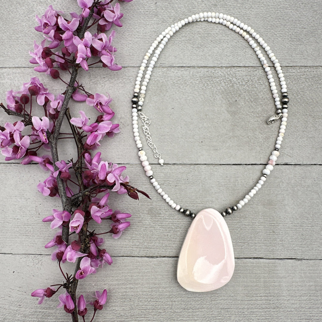 Pink Queen Conch Shell, Navajo Pearl, and Solid 925 Sterling Silver Necklace - SunlightSilver
