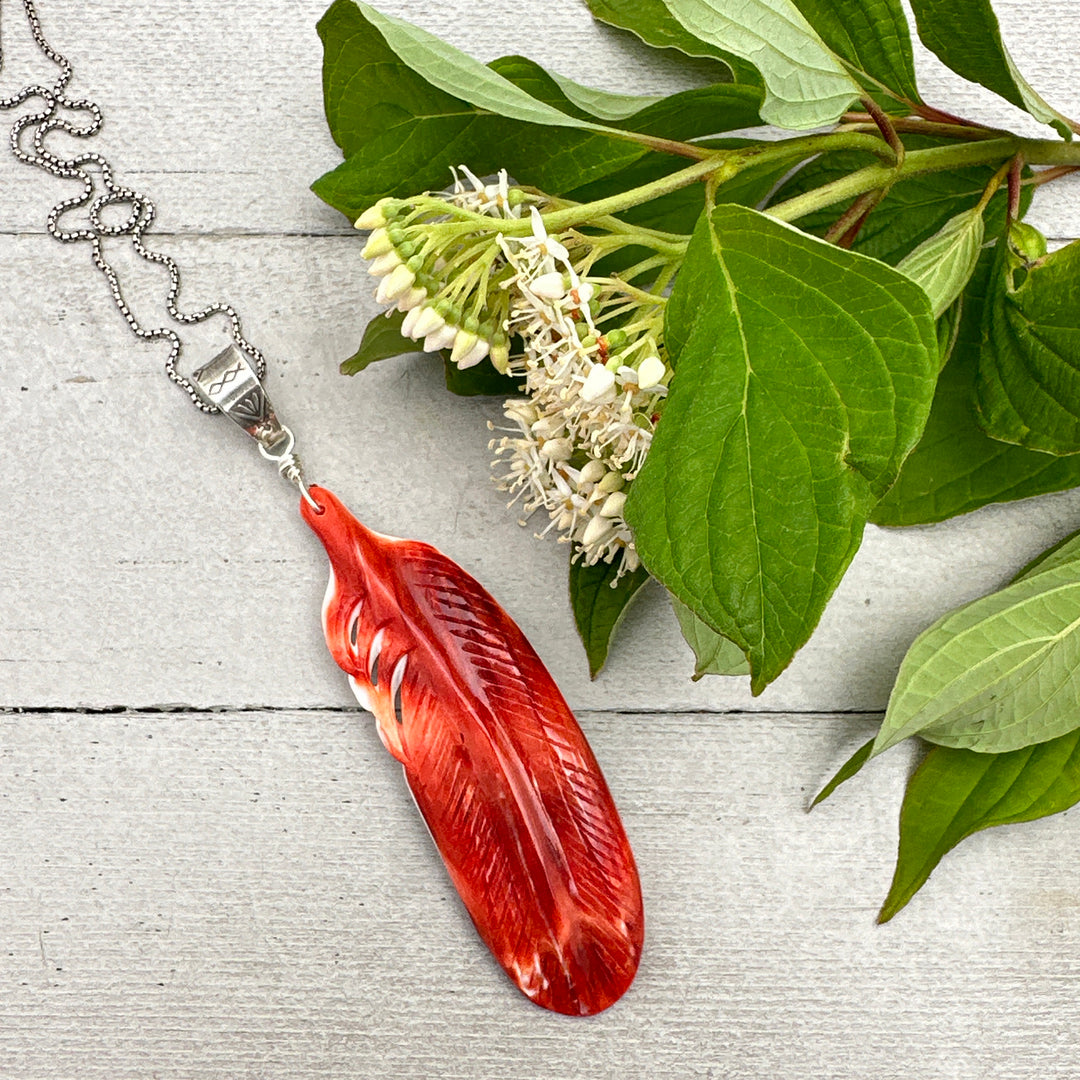 Large Carved Red Spiny Oyster Feather and Sterling Silver Pendant - SunlightSilver