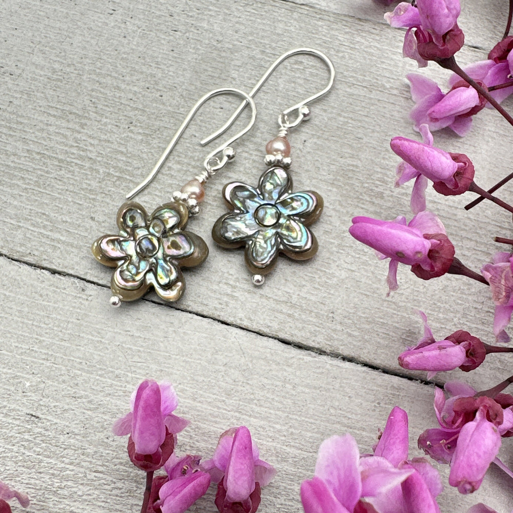Paua Abalone Shell Flower Earrings. Solid 925 Sterling Silver and Mother of Pearl - SunlightSilver