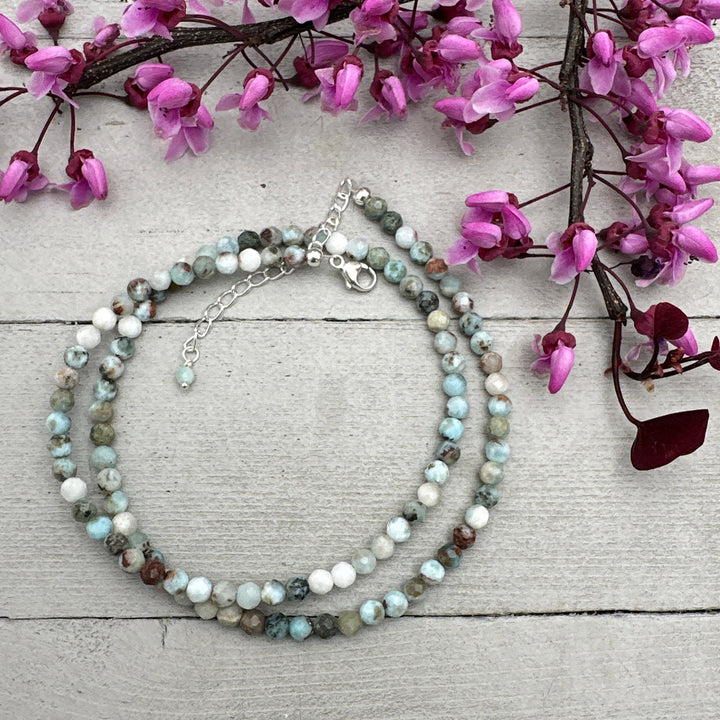 Multicolor Faceted Beaded Larimar and Sterling Silver Silver Necklace - SunlightSilver