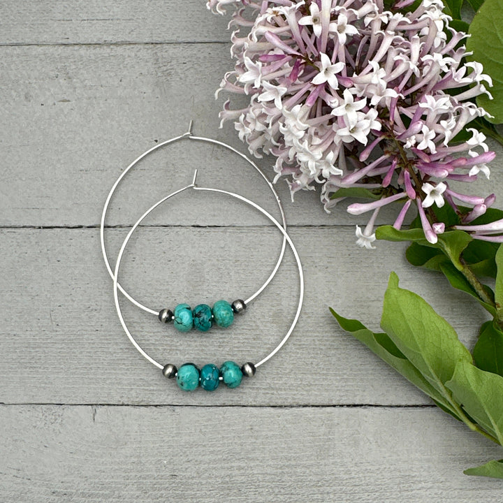 Turquoise, Navajo Pearl, and Sterling Silver Large Hoop Earrings - SunlightSilver