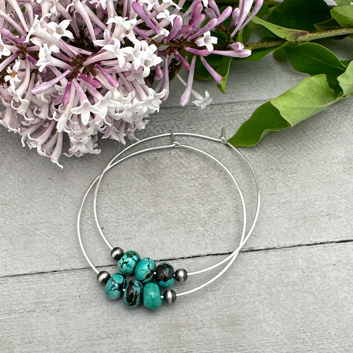 Turquoise, Navajo Pearl, and Sterling Silver Large Hoop Earrings - SunlightSilver