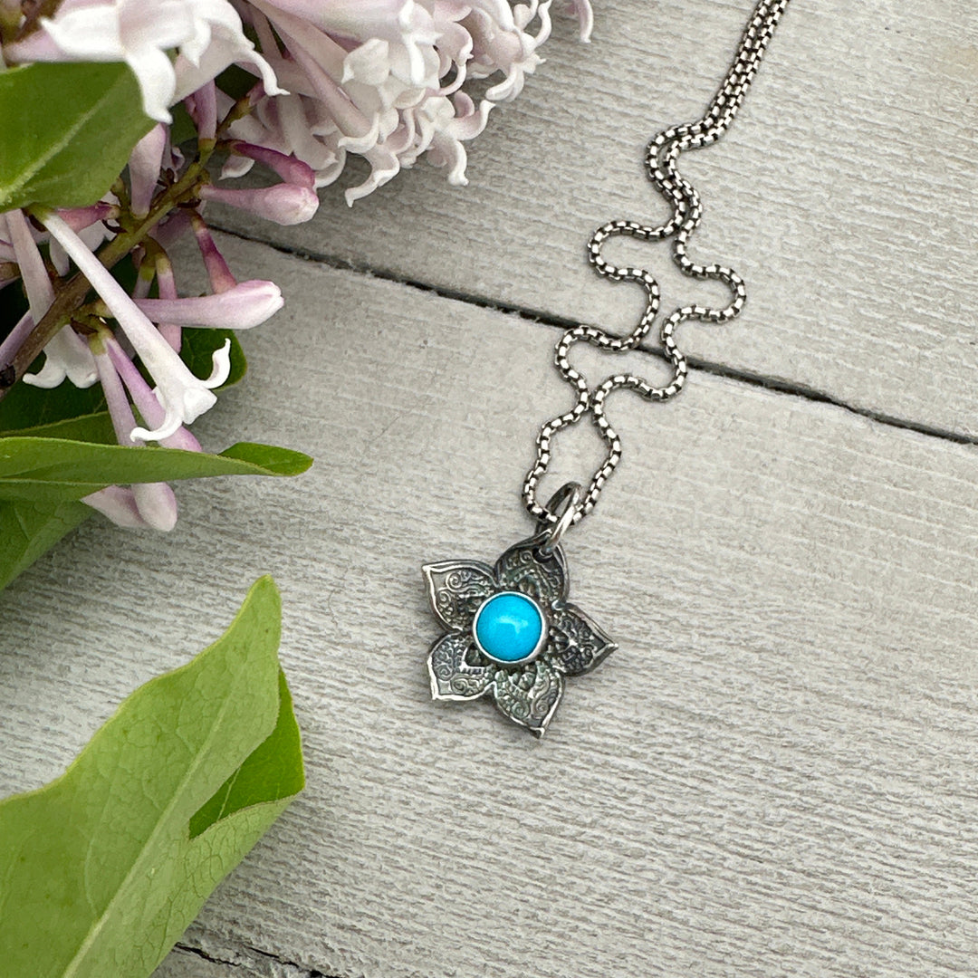 Small Blue Ridge Turquoise and Sterling Silver Flower Charm Necklace - SunlightSilver