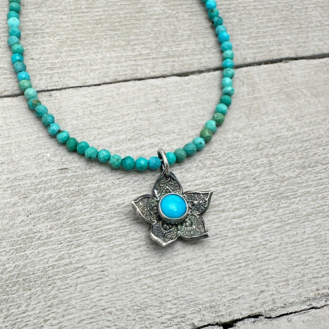 Small Blue Ridge Turquoise and Sterling Silver Flower Charm Necklace - SunlightSilver