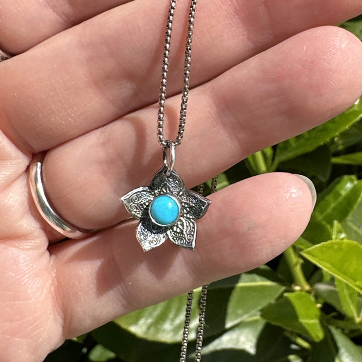 Small Blue Ridge Turquoise and Sterling Silver Flower Charm Necklace - SunlightSilver