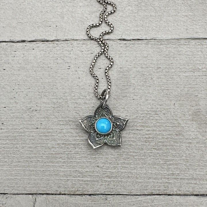 Small Blue Ridge Turquoise and Sterling Silver Flower Charm Necklace - SunlightSilver