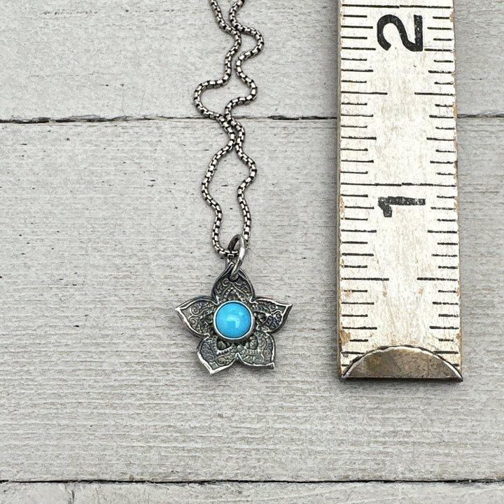 Small Blue Ridge Turquoise and Sterling Silver Flower Charm Necklace - SunlightSilver