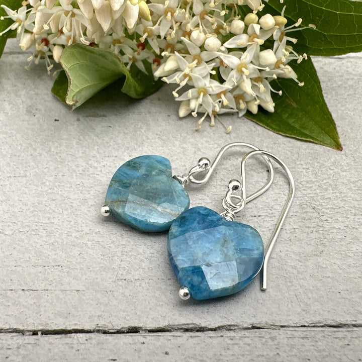 Faceted Apatite Heart and Sterling Silver Earrings - SunlightSilver